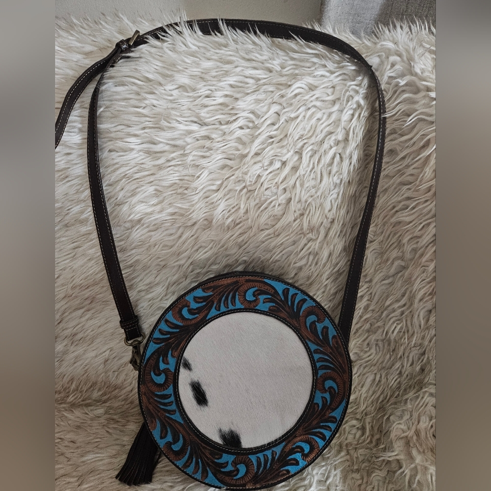 Round Leather Crossbody Bag with Blue and Brown Accents